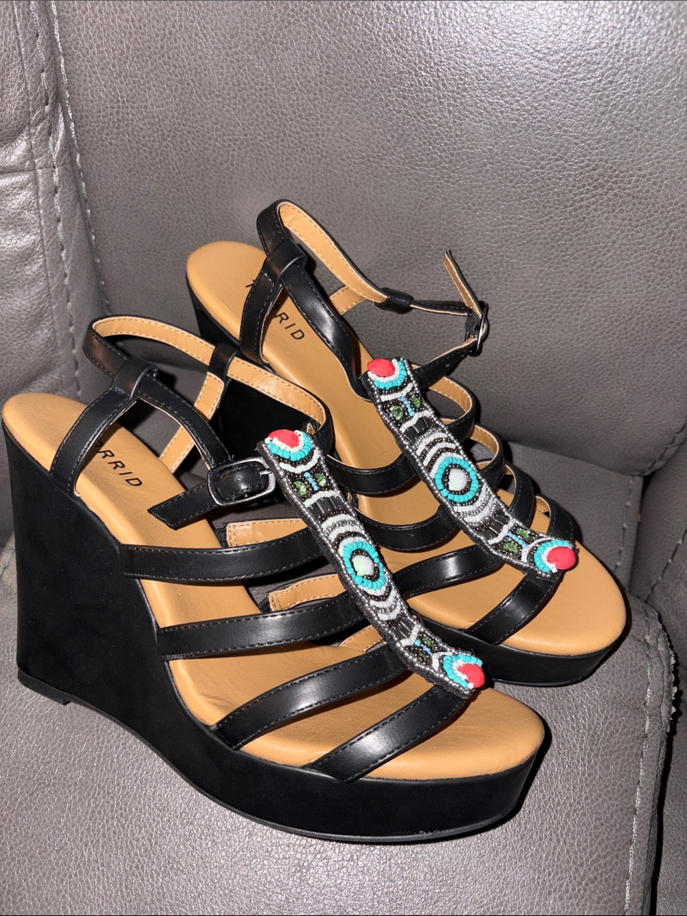 torrid Black Wedge Sandals with Beaded Multicolor T-Strap